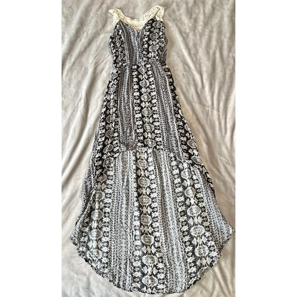 Love Tree Boho Tribal Print High Low Maxi Dress Black White Crochet Lace Medium - Picture 1 of 3